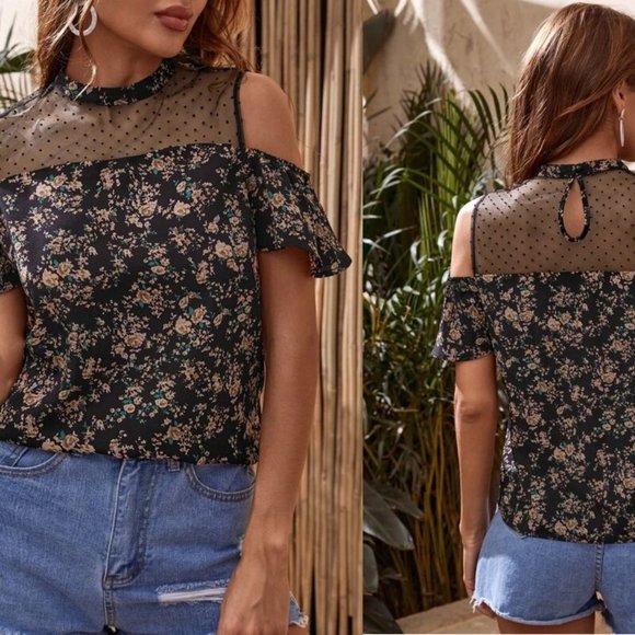 NEW!!! Size 8/10 Cold Shoulder Mesh Yoke Allover Floral Top - Picture 2 of 2
